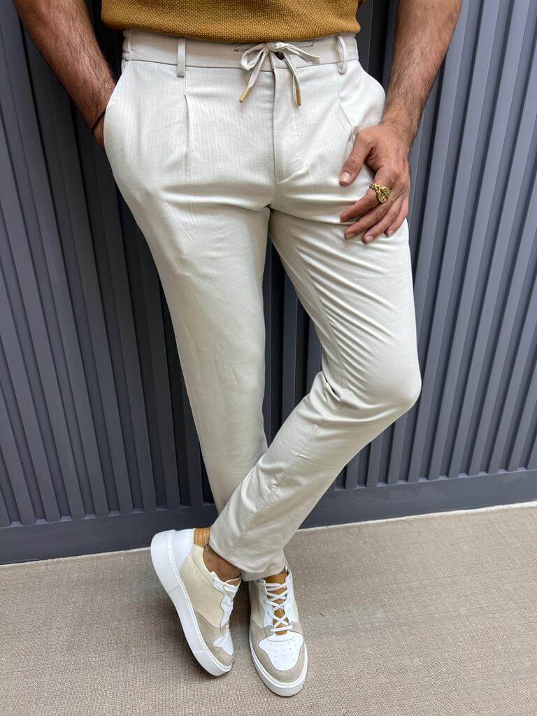 Pale Spring Cream Textured Premium Terry-Rayon Pant For Men
